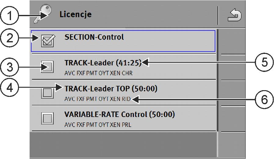 7 Konfigurowanie terminalu w aplikacji Service Aktywacja licencji dla pełnych wersji Nazwa wtyczki Aktywuje następujące aplikacje SECTION-Control TRACK-Leader TOP TRACK-Leader AUTO ISOBUS-TC