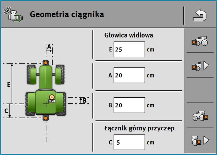 8 Aplikacja Tractor-ECU Parametr Przykładowa geometria ciągnika A B C E Odległość miedzy środkiem pojazdu a odbiornikiem GPS, na osi lewo-prawo.