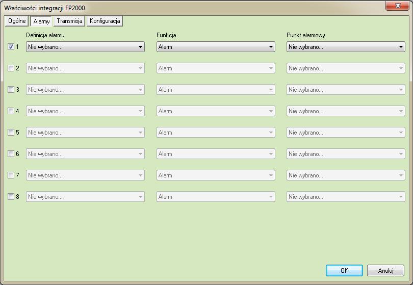 4.2 Zakładka Alarmy W tej zakładce można przypisać do 8 alarmów oraz przypisać im różne punkty alarmowe. Funkcje alarmowe dostępne dla Integracji: Alarm. 4.