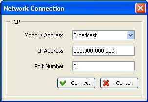 Ustawienia dla komunikacji protokołem TCP Po wybraniu opcji TCP, pojawi się okienko zatytułowane Network Connection. Pole ModBUS Address powinno mieć ustawioną wartość Broadcast (domyślną).