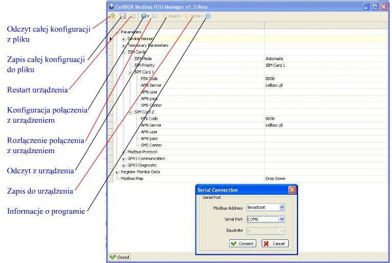 5.2 Wstępna konfiguracja Szczegółowe informacje na temat obsługi aplikacji ModBUS Manager przedstawione są w dokumencie CellBOX- U4RS ModBUS_RTU_manager_v1.3_doc_