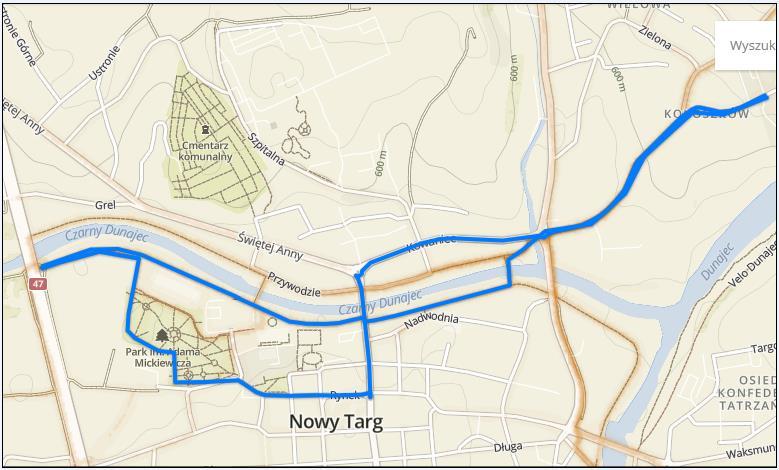 Wariant B 5 km Trasa płaska z krótkim podbiegiem do mety. Polecana młodszym i mniej doświadczonym biegaczom amatorom. Trasę można pokonać rodzinnie. Przebieg: PPWSZ w Nowym Targu, ul. Kokoszków, ul.