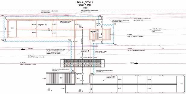 8. Widok z góry pokazujący układ ścian szczelnych na stacji Skokowa, na rysunku pokazano również zabezpieczenie instalacji obcych oraz wbudowaną w poprzednich etapach konstrukcję