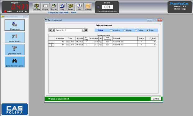 Oprogramowanie / CAS SKANWAG 63 Funkcjonalności aplikacji: zbieranie pomiarów ze wszystkich wag CAS, wyposażonych w złącze RS232 lub USB ( wyłączając serię wag drukujących etykiety CAS CL).
