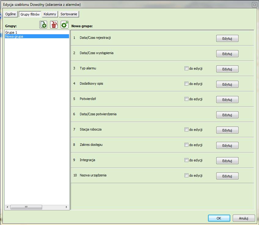 Edytuj wchodzimy w edycję parametrów kolumny; Do edycji - po zaznaczeniu tej opcji mamy możliwość szybkiej edycji parametrów danej kolumny w konkretnym szablonie filtru.