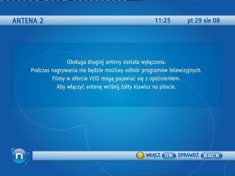 Strona 5 z 5 Po skorzystaniu z opcji "WYŁĄCZ" (żółty klawisz) pojawia się informacja o ograniczeniach w funkcjonowaniu nbox recorder i możliwości ponownego włączenia obsługi drugiej anteny.