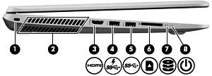 Lewa strona Element Opis (1) Gniazdo linki zabezpieczającej Umożliwia przymocowanie do komputera opcjonalnej linki zabezpieczającej.