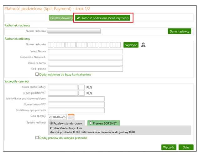 Przelew Płatność podzielona (Split Payment) Z dniem 1 lipca 2018 r. wchodzi w życie Ustawa z dnia 15 grudnia 2017 r. o zmianie ustawy o podatku od towarów i usług oraz niektórych innych ustaw.