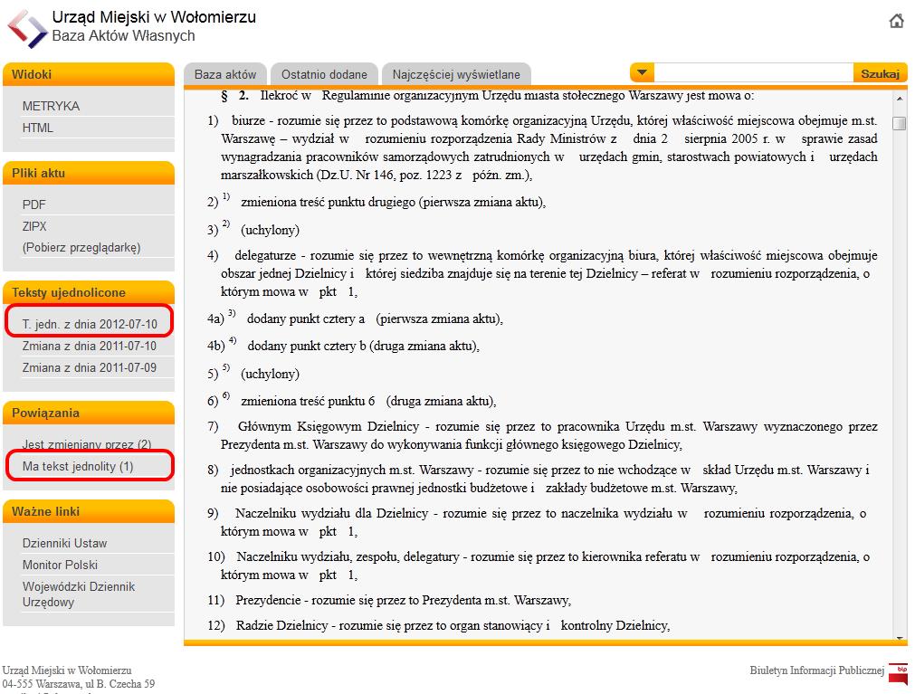 Po wyświetleniu aktu źródłowego informacje o obwieszczeniu z tekstem jednolitym będą wyświetlane w powiązaniach.