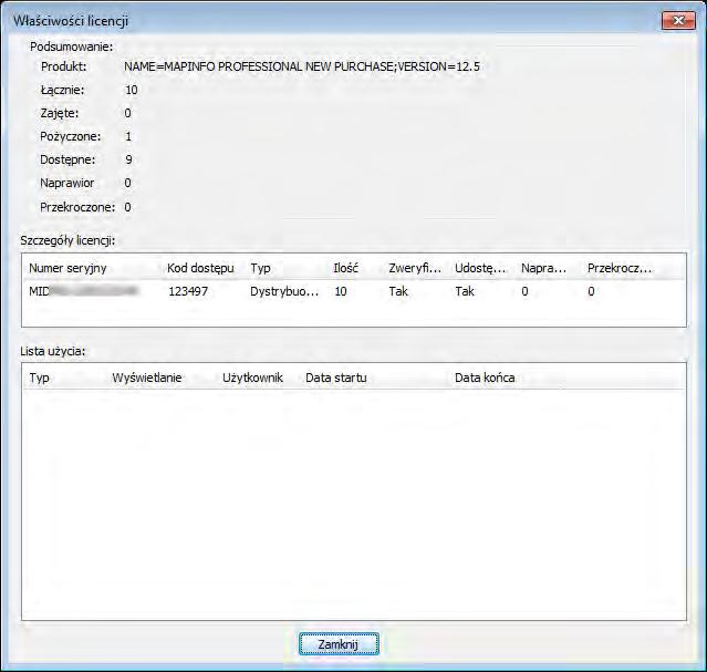 Korzystanie z narzędzia Serwer licencji Pojawia się okno Własności licencji. Sekcja podsumowania licencji pokazuje ilość licencji dotychczas zużytych przez MapInfo Professional. 4.