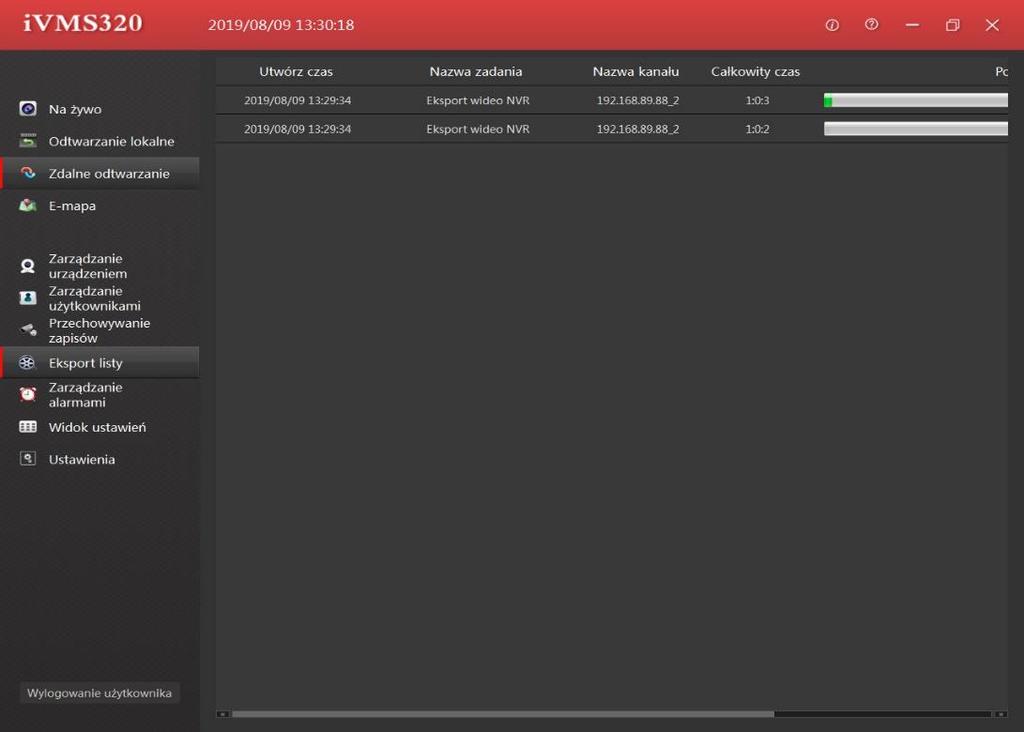 Eksport listy Lista eksportów służy do wyświetlania zadań eksportu lub wyświetlenie wszystkich wyeksportowanych nagrań wideo.