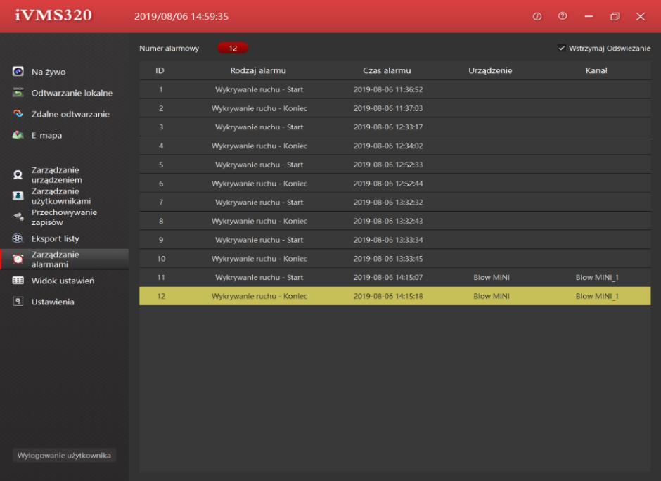 Zarządzanie alarmami Zarządzanie alarmami służy do przeglądania informacji o alarmach kamer.