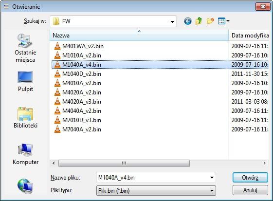 Rys 9. Wybór pliku z programem konwertera Podczas ładowania programu żółta dioda LED umieszczona obok mikro przełącznika SW1 miga pokazując przepływ danych do konwertera.