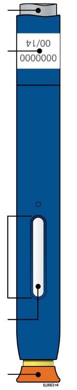 Ilustracja wstrzykiwacza Aimovig 140 mg (z ciemno niebieskim korpusem, szarym przyciskiem start, pomarańczową nakładką i żółtą osłoną zabezpieczającą) Przed użyciem Po użyciu Szary przycisk start