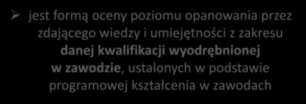 Egzamin potwierdzający kwalifikacje w zawodzie jest formą oceny poziomu opanowania przez zdającego wiedzy i umiejętności z zakresu danej