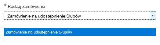 Pole Rodzaj zamówienia jest listą rozwijalną. Po kliknięciu na strzałkę, pojawią się opcje do wybrania. Na chwilę obecną jest dostępna jedna opcja.