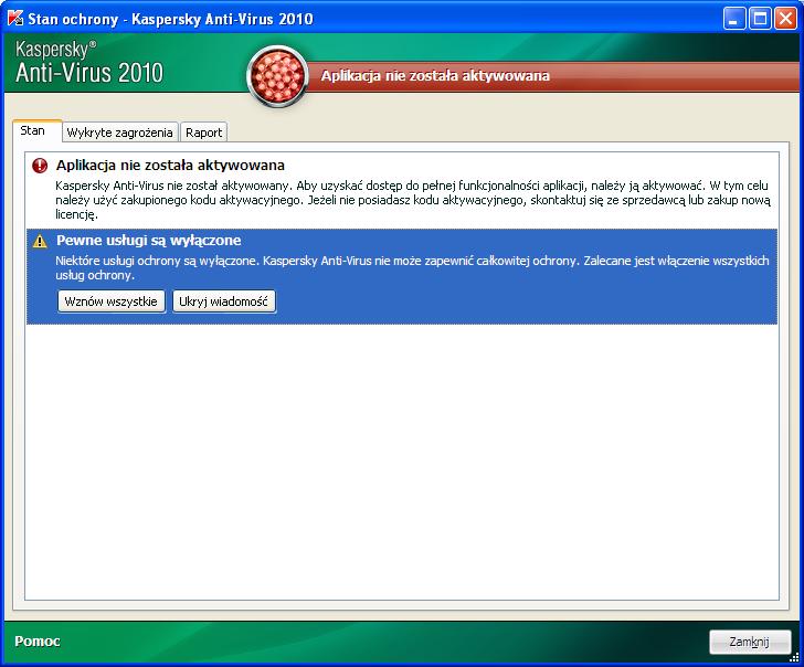 Kaspersky Anti-Virus 2010 Podręcznik Użytkownika 38 Listę problemów, które wystąpiły, ich opisy oraz proponowane rozwiązania można przeglądać w oknie Stan ochrony (patrz rysunek poniżej), która
