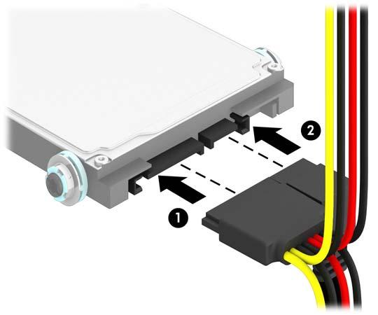 10. Podłącz kabel zasilający (1) i kabel transferu danych (2) do złączy z tyłu dysku twardego.