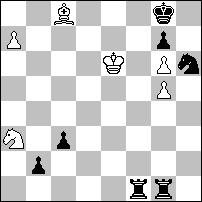 1.d6! (1.Ke5? h2! (1 G:c2? 2.d6 jak w grze głównej; 2.d6 h1h 3.Sf5+ K:g6 4.d7 Hh8+ -+) 1 G:c2+ (1 h2 2.d7 =) 2.Ke5! Ga4 (2 h2 3.d7 =) 3.Kf6 Sh4! (3 h2? 4.Se6 +-) 4.Sf5+! (4.Se6? S:g6 -+) 4 S:f5 5.