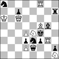 2 wyróżnienie honorowe - - nr 1025 Zoltan LABAI (Słowacja) Option, Ellerman - Mäkihovi, temat Czepiżnego [trzyfazowa zamiana jednego mata i jednej obrony]. 1...Ke5 2.G:g7# A 1...G:e4 a 2.H:g7# 1.Hd6?
