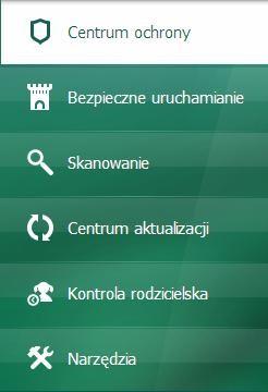 Lewa część okna głównego pozwala na szybkie uzyskanie dostępu do najważniejszych funkcji aplikacji: włączania i wyłączania składników ochrony, uruchamiania skanowania antywirusowego, uaktualniania