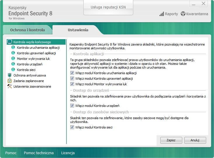 OKNO USTAWIEŃ APLIKACJI Okno ustawień Kaspersky Endpoint Security umożliwia skonfigurowanie wszystkich ustawień aplikacji, indywidualnych składników, raportów i miejsc przechowywania, zadań
