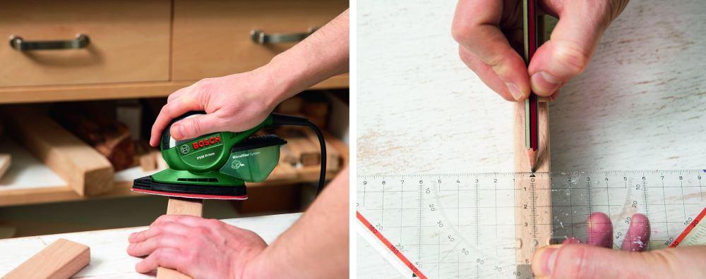 krawędzi desek. Użyj ekierki, aby precyzyjnie wyznaczyć punkty. (fot. Bosch) Krok 3. Przewierć deski w zaznaczonych punktach, korzystając z wiertarko-wkrętarki oraz wiertła do drewna o średnicy 8 mm.