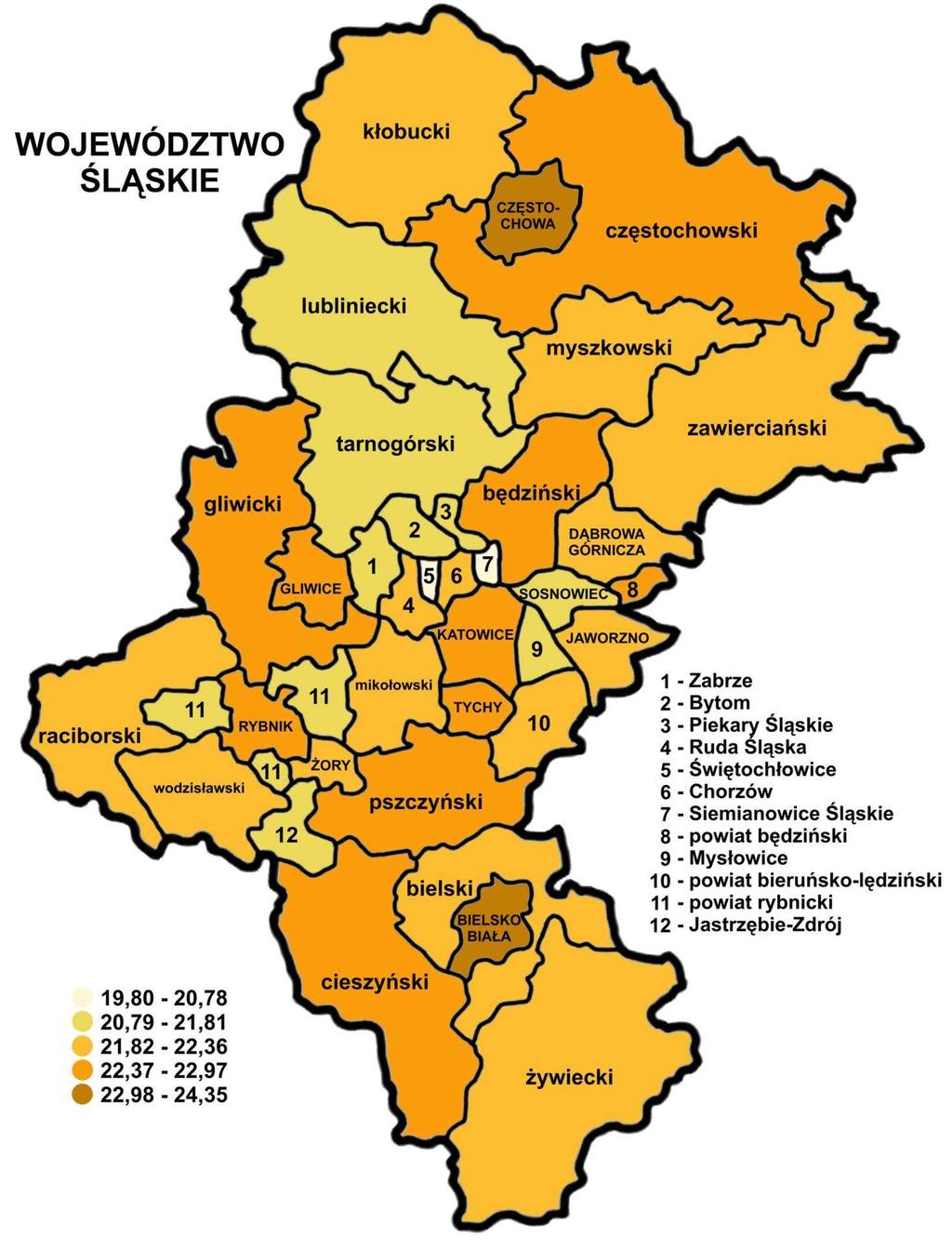 6. Wyniki uczniów piszących standardowy zestaw zadań egzaminacyjnych w powiatach województwa śląskiego Zamieszczona poniŝej mapa konturowa województwa śląskiego pokazuje terytorialne zróŝnicowanie ze