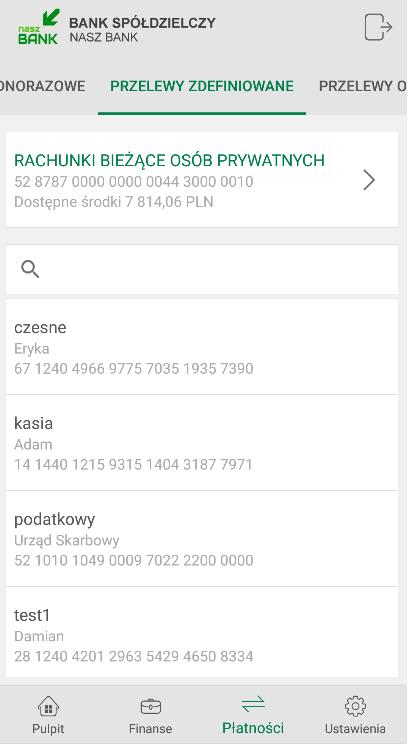 Domyślnie wyświetli się jako pierwszy rachunek główny, który wskazalismy w standardowym serwisie bankowści elektronicznej. Każdy rachunek ma swoją oddzielną listę przelewów zdefiniowanych.