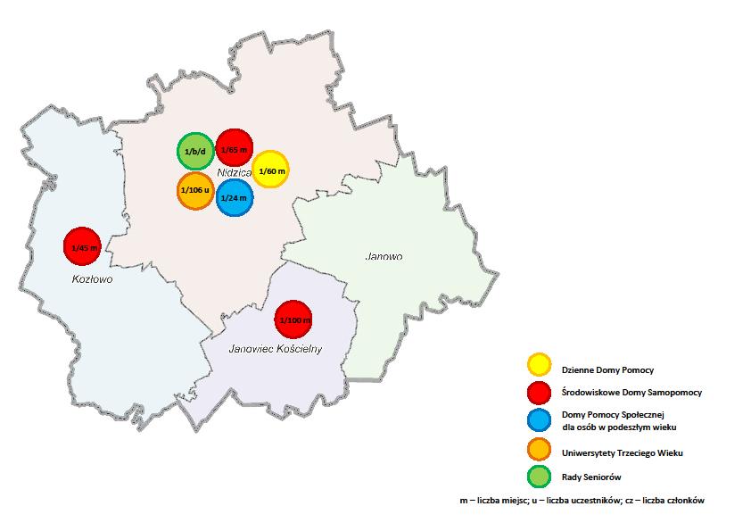 Infrastruktura pomocy społecznej dostępna wg potrzeb osobom starszym w powiecie nidzickim wg stanu na 31.12.2017 r.