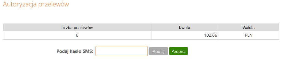 Rys. 2 Okno - Podpis przelewów hasłem SMS Istnieje możliwość dwuskładnikowego uwierzytelnienia się w trakcie zatwierdzania operacji. Po zastosowaniu w Banku ustawień tzw.
