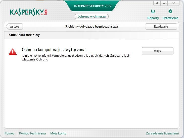 Po kliknięciu wskaźnika znajdującego się w oknie głównym aplikacji zostanie otwarte okno Problemy z ochroną (zobacz poniższy rysunek), w którym znajdują się szczegółowe informacje dotyczące stanu