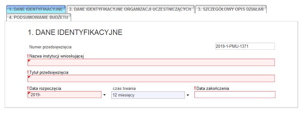 B. Dane identyfikacyjne Numer przedsięwzięcia, nazwa instytucji, tytuł oraz data rozpoczęcia zostaną zaciągnięte automatycznie ze złożonej Ankiety.