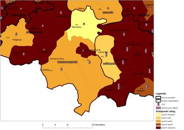 Powiat kamiennogórski Rys. 11 v.02 Dostępnośd Internetu vs cena usługi o przepływności 1 Mbit/s powiat kamiennogórski W gminie Marciszów dostęp do usług jest najgorszy ze wszystkich gmin tego powiatu.