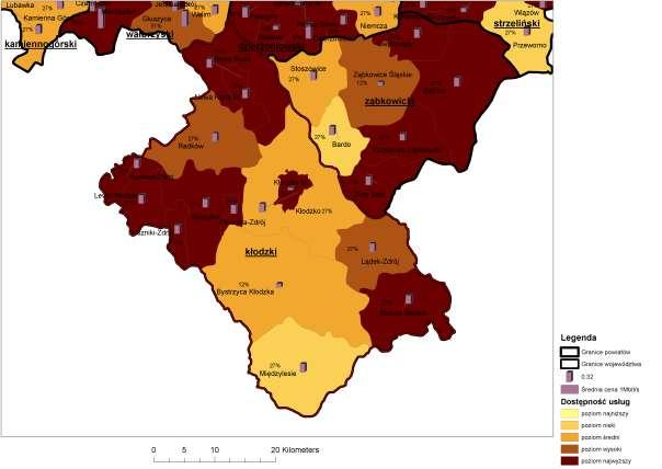 Powiat kłodzki Rys. 12 v.02 Dostępnośd Internetu vs cena usługi o przepływności 1 Mbit/s powiat kłodzki W powiecie tym zaobserwowad można dużą różnorodnośd gmin pod kątem dostępności usług.