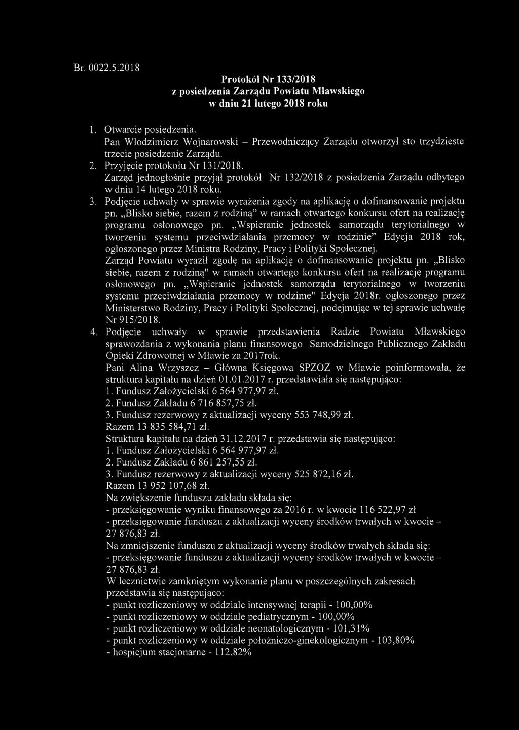 Br. 0022.5.2018 Protokół Nr 133/2018 z posiedzenia Zarządu Powiatu Mławskiego w dniu 21 lutego 2018 roku 1. Otwarcie posiedzenia.