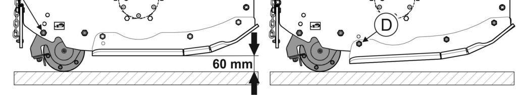na 20 mm; (B)- położenie śruby ustalającej wysokość koszenia na 40 mm; (C)- położenie śruby ustalającej wysokość koszenia na 60 mm; (D)- położenie śruby ustalającej pochylenie ślizgu.