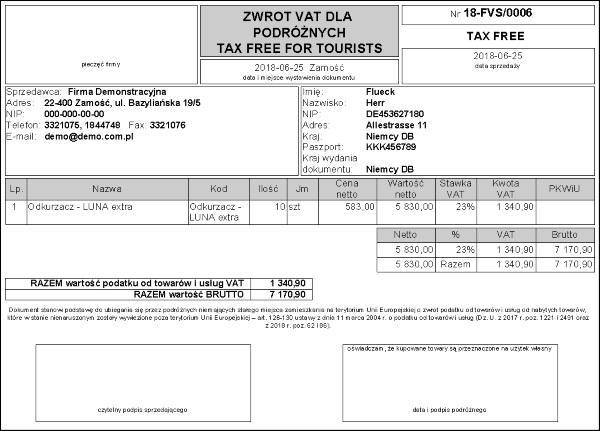 Wst p Dodatek umo liwia wydruk dokumentu TAX FREE.