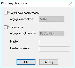 Wybrać nazwę pliku z danymi oraz właściwy katalog lub zaakceptować proponowana nazwę i katalog przez program i nacisnąć przycisk Zapisz, Pojawi się okno z opcjami zapisu: Według potrzeb wybrać: o