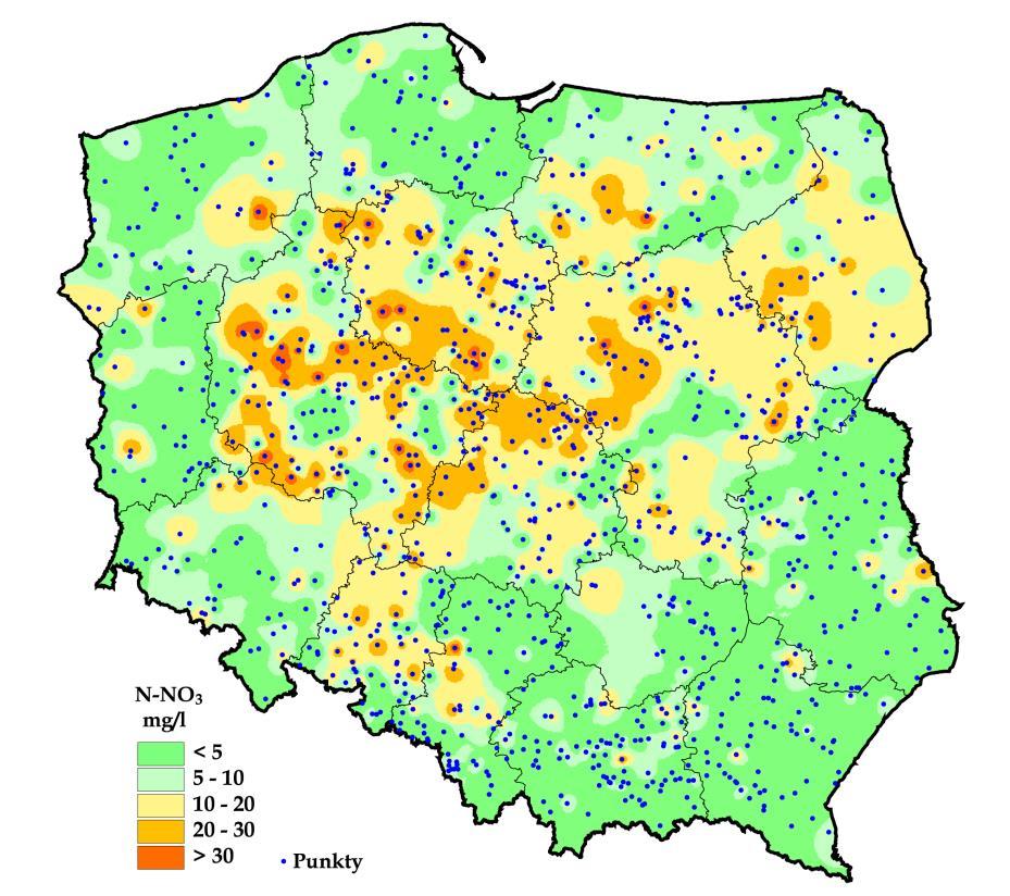 Przestrzenne zróżnicowanie stężenia azotanów w płytkich wodach podziemnych Monitoring wód glebowo-gruntowych (na głębokości 90 cm) prowadzony przez Krajową Stację Chemiczno-Rolniczą i OSCHR we