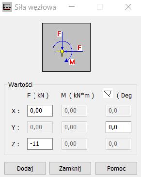 wpisujemy na kierunku z odpowiednią wartość siły. Należy zwrócić uwagę czy nowo definiowane obciążenie przypisywane będzie do właściwego przypadku, tj. EKSP1.