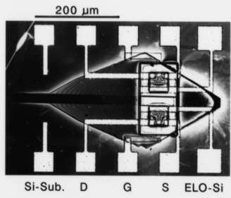 Zastosowanie ELO - struktury SOI otrzymywane techniką LPE wing Si ELO SiO 2 mask Si substrate - silicon-on-insulator structures - zagrzebany kontakt/zwierciadło light ELO MOS transistor on ELO
