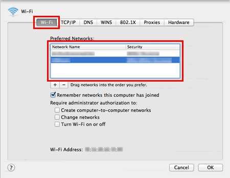 Zanotuj nazwę sieci i typ zabezpieczeń podane na liście preferowanych sieci obszarze Wi Fi lub AirPort.
