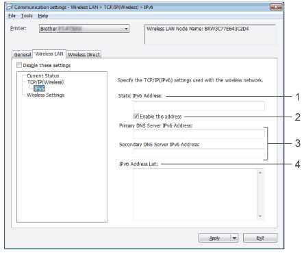 1. IPv6 Usage Dostępne opcje: Enable lub Disable. 2. Priority on IPv6 address Wybierz tę opcję, aby ustawić priorytet adresów IPv6. Karta Wireless LAN TCP/IP (Wireless) 1.