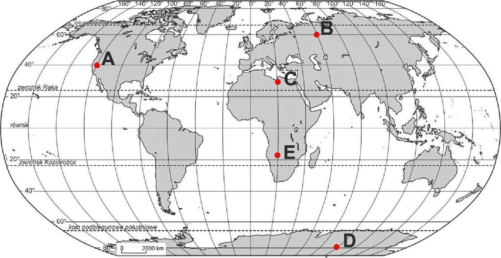 Zadanie: 043 Na mapie literami A-E oznaczono położenie pięciu wybranych punktów. Oceń prawdziwość poniższych informacji.