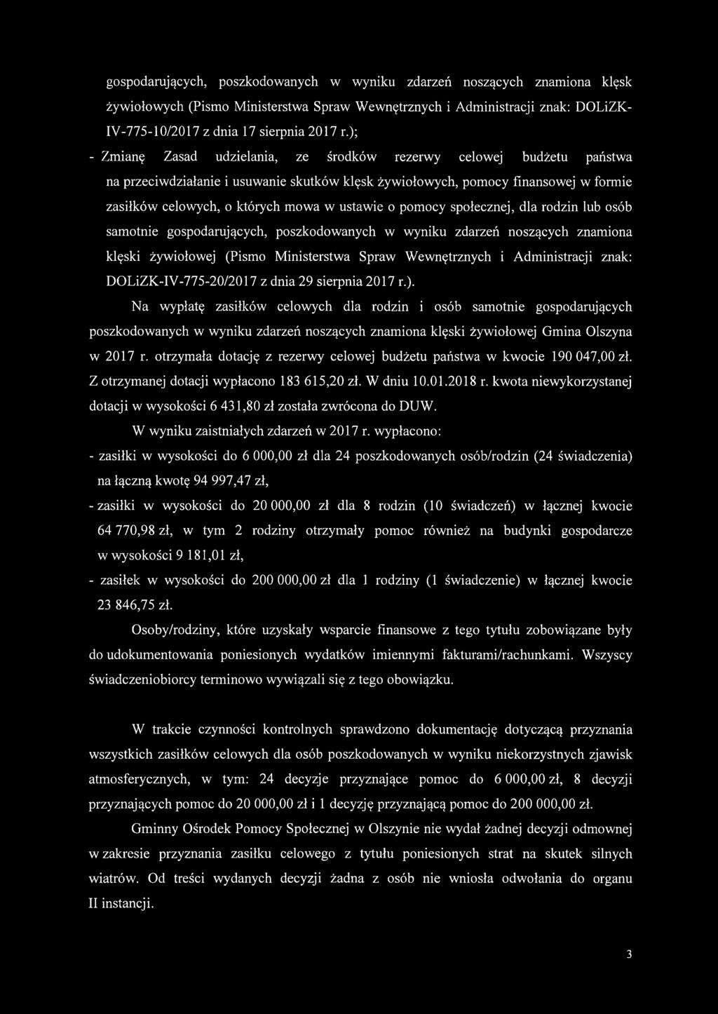 ustawie o pomocy społecznej, dla rodzin lub osób samotnie gospodarujących, poszkodowanych w wyniku zdarzeń noszących znamiona klęski żywiołowej (Pismo Ministerstwa Spraw Wewnętrznych i Administracji