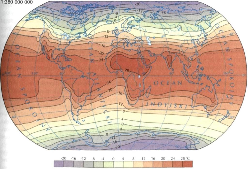 Średnie temperatury roku w poszczególnych szerokościach geograficznych Szerokość geograficzna Półkula północna Temperatura w C Półkula południowa 90-22,0-33,1 80-17,2-27,0 70-10,7-13,6 60-1,1-3,4 50