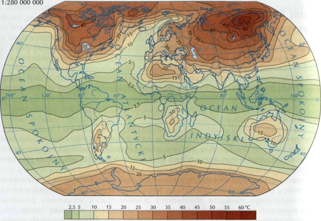Roczne amplitudy temperatury powietrza na Ziemi Ze względu na szerokość geograficzną i okresy kształtowania się ekstremalnych temperatur wyróżnia się następujące główne typy rocznego przebiegu