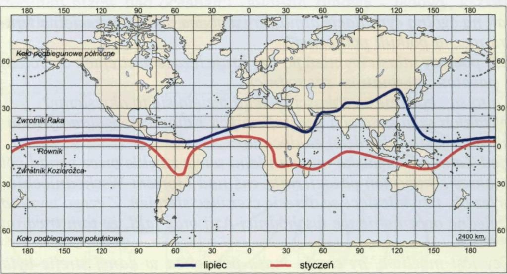 W ciągu roku MSZ przemieszcza się zgodnie ze zmianami zenitalnego położenia Słońca, bardziej na półkuli wschodniej, gdzie udział lądów jest stosunkowo większy.