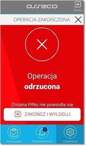 W przypadku, gdy użytkownik w polu Wprowadź obecny PIN wprowadzi błędny aktualny kod